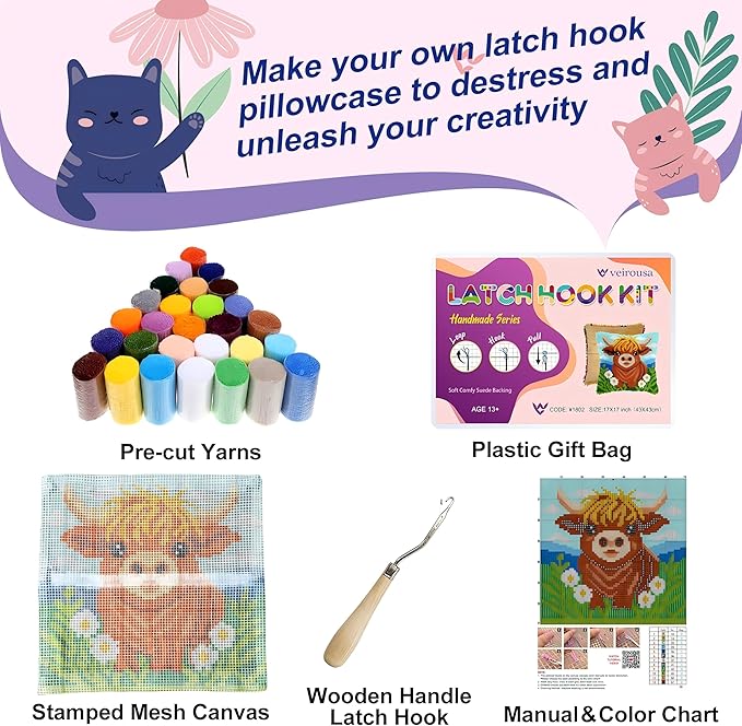 veirousa Highland Cow Latch Hook Kits for Adults Beginners, Pre-Printed Animal Latch Hook Pillow Kit, Craft Rug Making Kits, DIY Embroidery Cushion for Home Sofa Decor & Gift Idea 17x17 in.