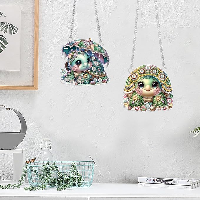 2 Pcs Cute Sea Turtle Diamond Painting Hanging Ornaments – 5D DIY Acrylic Pendant Kit with Irregular Shaped Gems, Mosaic Craft for Window & Wall Decor, Ocean-Themed Handmade Gift