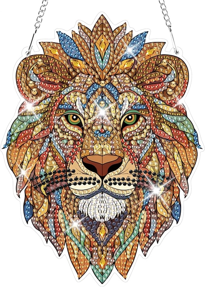 HEIBAGO Lion Hanging Diamond Art Kits for Adults, Special Shaped Crystal Diamond Painting Ornament Kit, DIY Double-Sided Pattern Window Pendant Gem Art Kit for Home Wall Decor 8.3x8.3inch