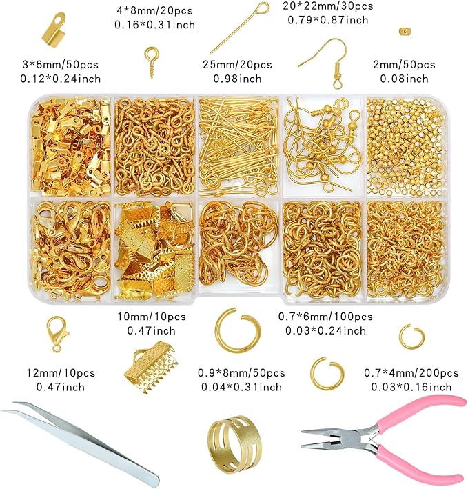 Gacuyi Jewelry Making Supplies Kit, Jewelry Repair Tools Kit with Pliers, Open Jump Rings, Lobster Clasps, Earring Hooks, Eye Pins, Findings and Beading Wires for Adults and Beginners (Gold)