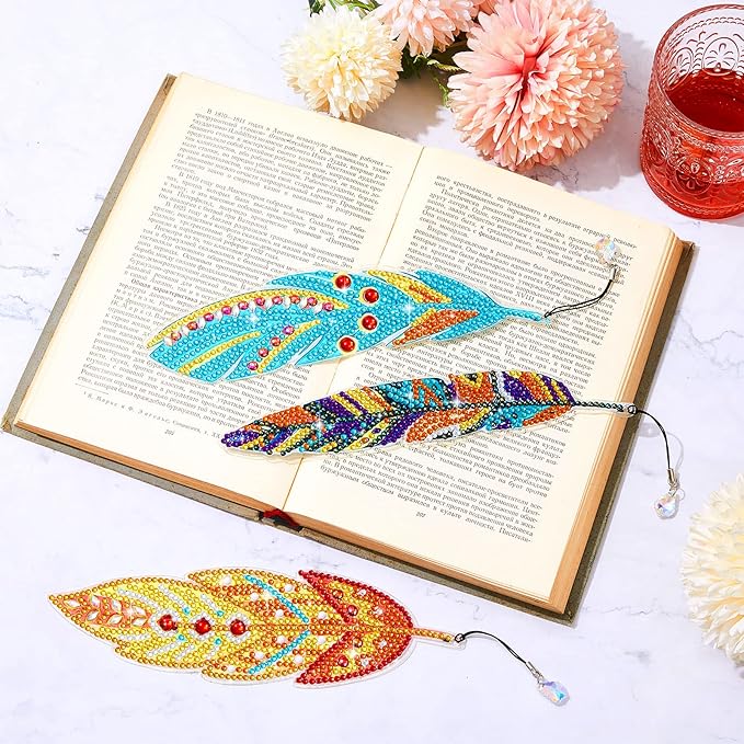 Henoyso 6 Pcs Diamond Painting Bookmarks Kits DIY 5d Feather Bookmark Rhinestone DIY Bookmarks Crystal Diamond Art Acrylic for Crafts Gifts Adult Arts Supply