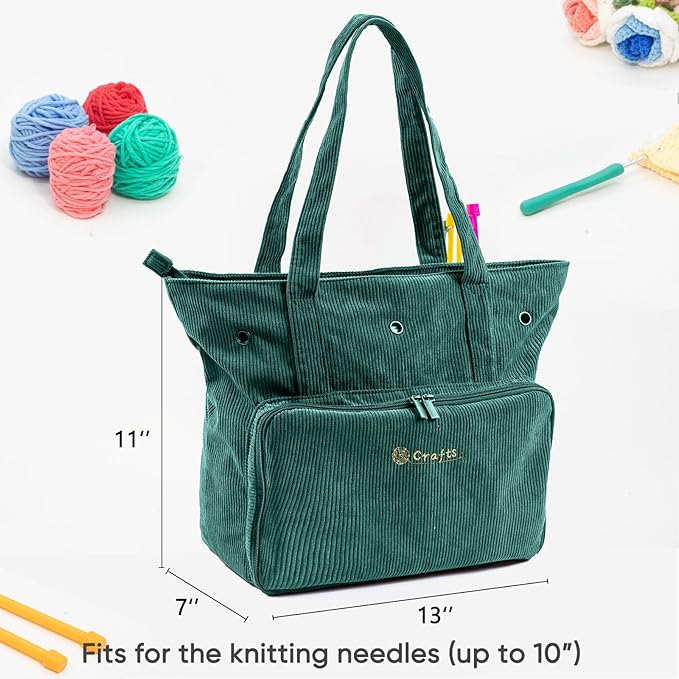 Large Yarn Tote Organizer – Corduroy Knitting Storage Holder for Yarn, Hooks & Accessories, Portable Craft Carryall for Crocheting Lovers, Mother’s Day Gift