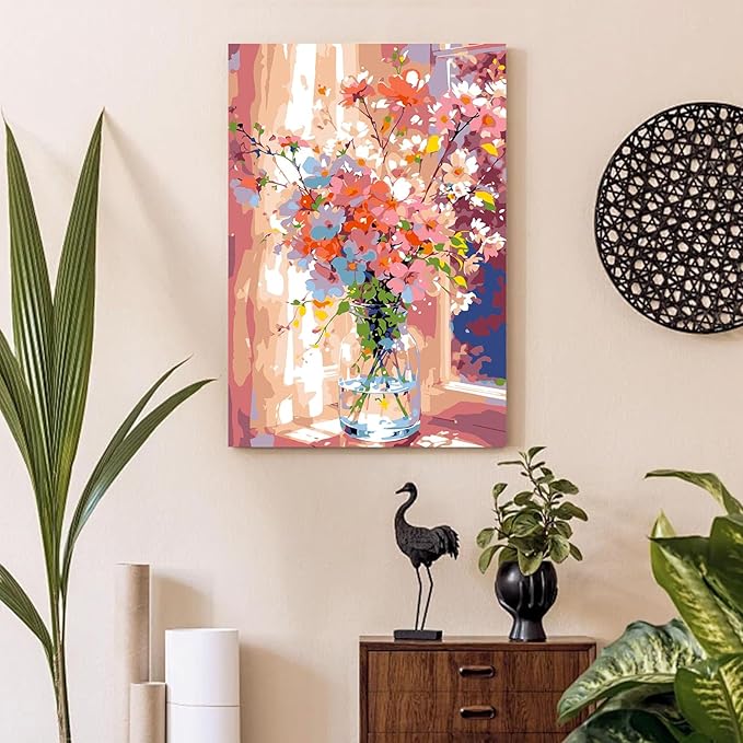 Gemozaic Flowers Paint by Numbers Kit for Adults with Frame and Easel, Flower Framed Adults' Paint by Number Kits, Oil Acrylic Painting for Home, Office, Wall Decor, 8 x 12 Inch