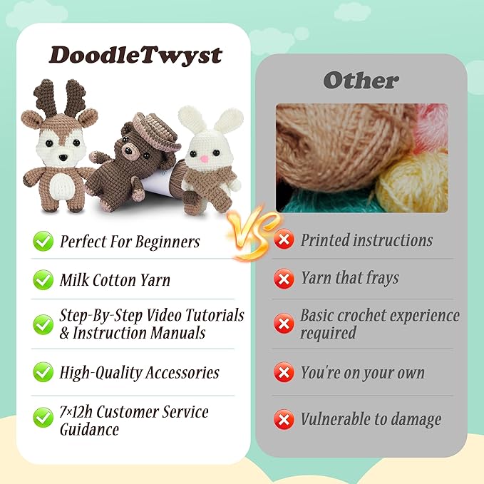 DoodleTwyst Amigurumi Crochet Kit – DIY Crochet Kit with Yarn & Tools – Fun Crochet Kits for Adults to Make Bear, Bunny & Reindeer Stuffed Animals