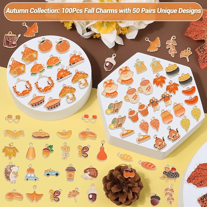 100Pcs 50 Pairs Fall Charms for Jewelry Making and Bracelets, Thanksgiving Autumn Charms Gold Enamel Jewelry Pendants for Earring Bracelet Necklace Crafts Making