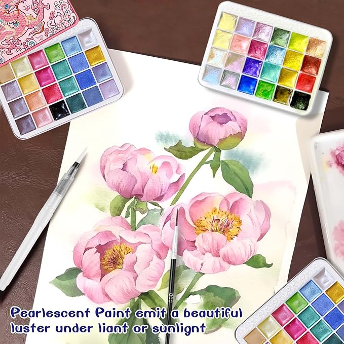 Mini Watercolor Paint Set - 24 Colors Glitter Travel Watercolor Set, Portable Metallic Water Color Paints Palette Box with Watercolor Book,Clips,Pens,Storage Bag for Painting Lovers and Artists