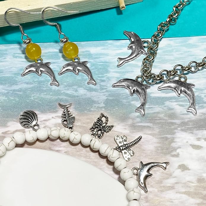 Heather's cf Silver Sea Charms – Antique Pendants, Non-Tarnish, Lead-Free & Nickel-Free, Bulk Ocean Animal Charms for DIY Jewelry, Bracelets, Necklaces, Earrings, Beach Craft Supplies (Sea Animals)