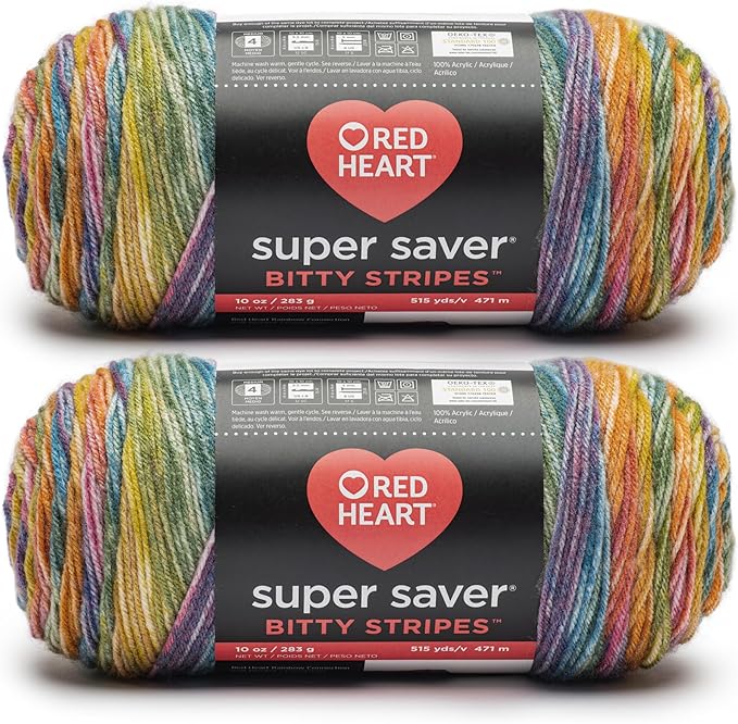 Red Heart Super Saver Bitty Stripes Rainbow Yarn - 2 Pack of 10oz/283g - 100% Acrylic - #4 Worsted (Medium) - 515 Yards - Knitting/Crochet