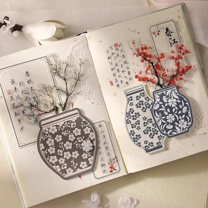 Oriental Floral Vase Stickers – 80pcs Pre-Cut Ceramic Bottle Designs with Relief Texture, Self-Adhesive Decorative Paper for Scrapbook Journaling Collage Planner Crafts