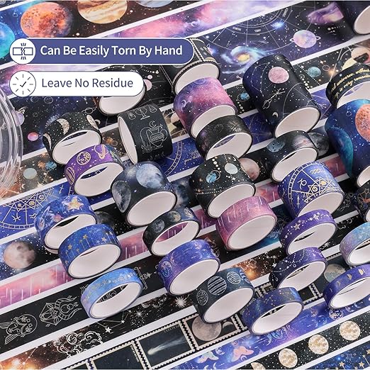 32 Rolls Washi Tape Set, Gold Foil Galaxy Decorative Masking Tape Constellation, Stars, Celestial, Adhesive Tape for Bullet Journal, Diy Craft, Scrapbooking Supplies, Gift Wrapping, Party Decoration