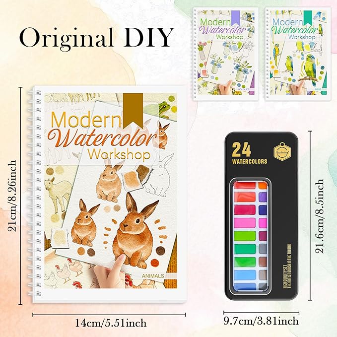 3Pcs Watercolor Workbook Paint Book Beginner Friendly Painting Kit, 36 Pages Workbooks with 24 Paint Colors & Brush for Beginners, Stress-Relieving Gift for Women Adults (Bouquet&Animals&Birds)