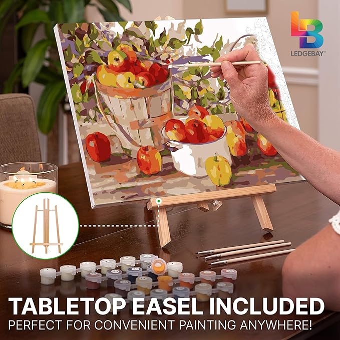 Ledgebay DIY Paint by Numbers Kit for Adults Framed Canvas Beginner to Advanced Paint by Numbers Kit, Kits Include Acrylic Paint Set, Brushes & Tabletop Easel (Apple Harvest 12" x 16" Framed)