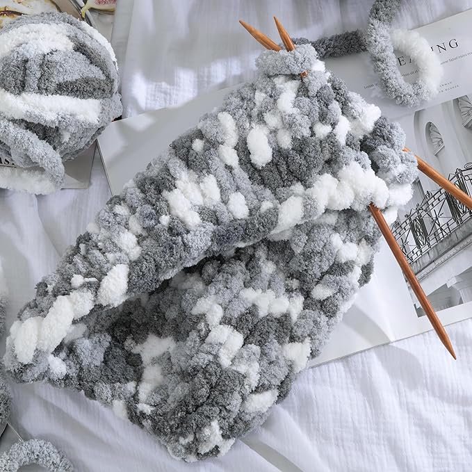 HOMBYS Chunky Tie Dye Mix Chenille Yarn for Hand Knitting, Super Bulky Jumbo Yarn for Crocheting, 3/4" Thick Soft Plush Yarn for Blankets, 8 Skein Pack (26 yds / 7.5 oz Each) Dark Grey Grey White