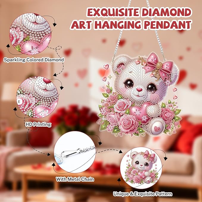 Bowetile Valentine's Day Diamond Art Hanging Kits for Adults, Diamond Art Suncatchers Bear, 5D Special Shape Diamond Painting Flowers Pendant Window Ornament Gifts for Home Door Wall Decor