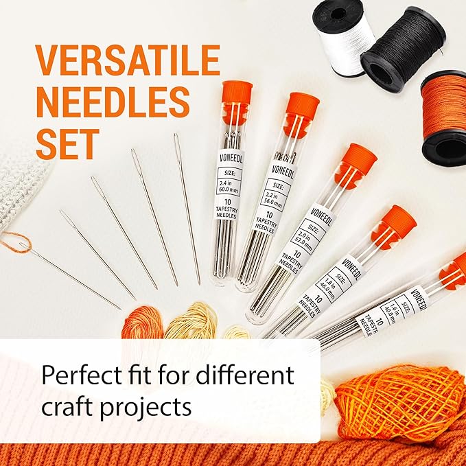 VONEEDL Large Eye Blunt Tapestry Needles (Pack of 50) - 5 Sizes with 5 Storage Tubes - Perfect for Darning, Embroidery, Cross-Stitching, Needlepoint, Crafting, Knitting, Weaving, and DIY