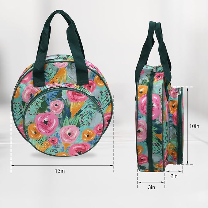Floral Embroidery Project Bag, 13x13x3 Inch Round Cross Stitch Storage Bag, Portable Embroidery Organizer for Hoops Floss Thread Knitting Tools, Craft Gift for DIY Enthusiasts (Green)