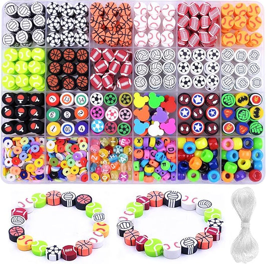 1000PCS Polymer Clay Beads Bracelet Making kit, 24 Style Cute Fun Beads Sports Ball Volleyball Softball Baseball Basketball Soccer Rugby Football Charms for Jewelry Making DIY for Women Girls