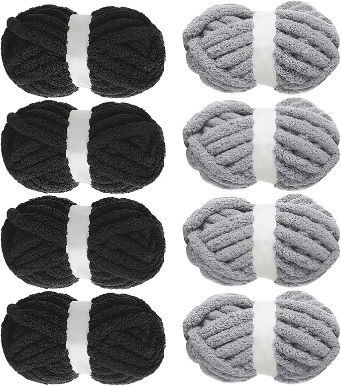 MABOZOO Assorted Chunky Yarn for Crocheting 8 Pack,Fluffy Jumbo Chenille Yarn,Soft Plush Yarn Bulky,Giant Thick Fuzzy Yarn for Hand or Arm Knitting,Black & Medium Grey(31.7 yds,8 oz Each Skein)