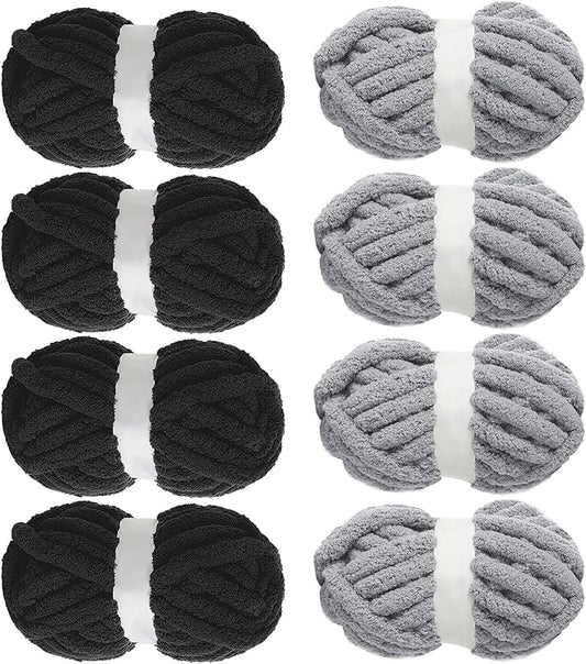 MABOZOO Assorted Chunky Yarn for Crocheting 8 Pack,Fluffy Jumbo Chenille Yarn,Soft Plush Yarn Bulky,Giant Thick Fuzzy Yarn for Hand or Arm Knitting,Black & Medium Grey(31.7 yds,8 oz Each Skein)