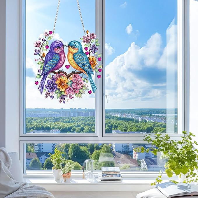KEYIFA Birds Diamond Painting Kit, DIY Flower Diamond Art for Adults, Diamonds Pendant Special Shaped Rhinestone Window Hanging Ornaments Home Garden Wall Door Decoration, 20cm Width