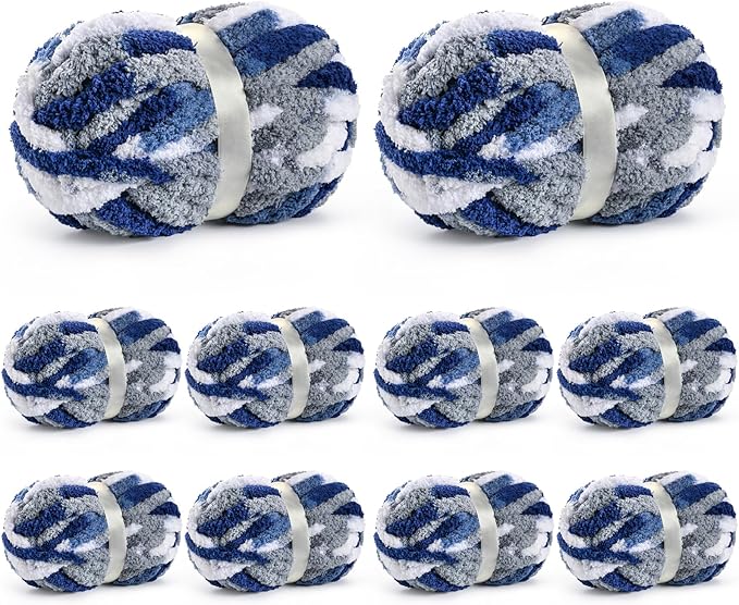 10 Pack Jumbo Chunky Yarn for Hand Knitting, Fluffy Chunky Chenille Yarn for Crocheting, Variegated Chunky Knit Baby Blanket Yarn, 240 yds /70.5 oz Super Bulky Yarn（Blue-White）