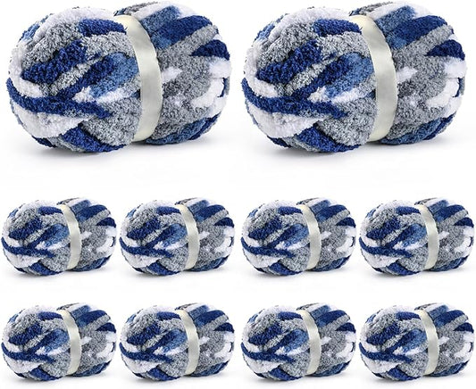 10 Pack Jumbo Chunky Yarn for Hand Knitting, Fluffy Chunky Chenille Yarn for Crocheting, Variegated Chunky Knit Baby Blanket Yarn, 240 yds /70.5 oz Super Bulky Yarn（Blue-White）