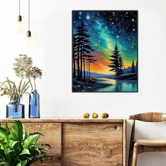 Starry Sky Paint by Numbers for Adults with Framed Canvas-with Wooden Easel,Landscape Paint by Number on Canvas,DIY Acrylic Oil Painting Kits with Brushes Nice Gift Box for Home Wall Decor(16x20inch)