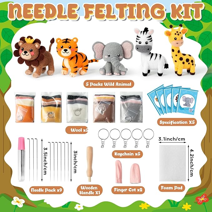 WATINC Needle Felting Kit - 5 Set Unique Different Cute Doll Wool Felt Needle Tools Foam Pad Instruction, DIY Home Decoration Craft Party Supplies for Art Work Starter Beginners (Wild Animal)