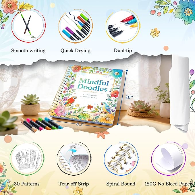 Ospelelf Adult Coloring Book Set Women Relaxation Gifts with 24 Colors Markers for Birthday, Stress Relief with 30 Patterns Included Animal, Flowers, and Positive Messages for Her