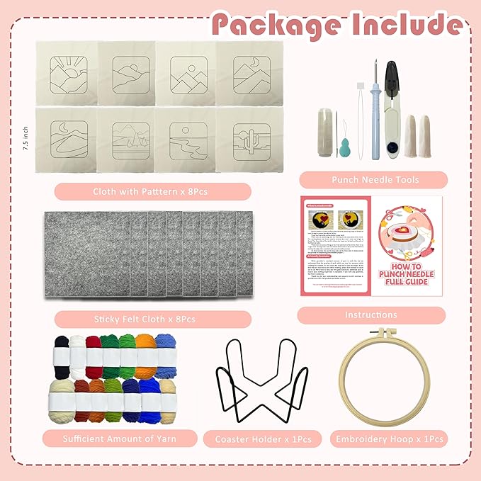 SEREDH Punch Needle Coasters Kit for Beginners Adults Easy Needle Punch Embroidery Tool Set DIY Making Kit Supplies, 8 Pattern Landscape Art Crafts Gifts