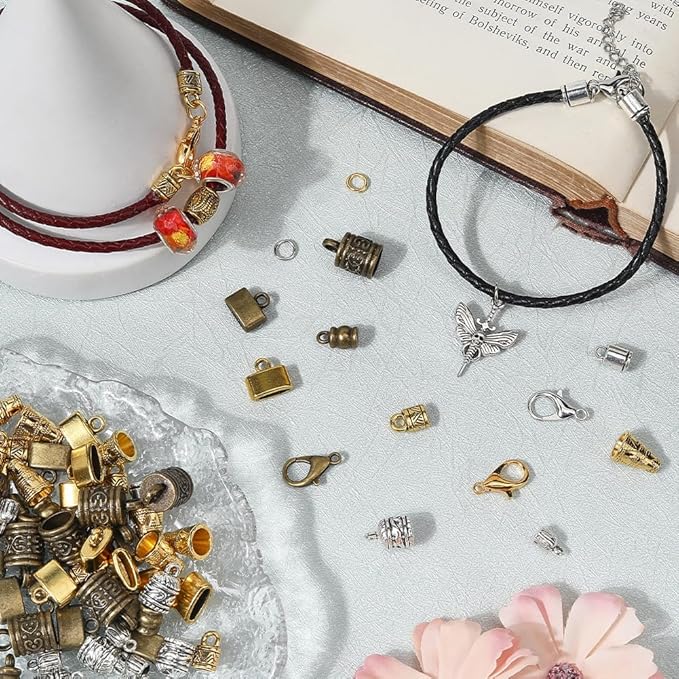 SUNNYCLUE 1 Box 210pcs 45 Sets Cord Ends Caps Kumihimo Bracelet Ends Alloy Antique Gold Silver Bronze Tassel End Tip Caps with Lobster Clasp Ring Link for Jewelry Making Kit Necklaces Bracelet DIY