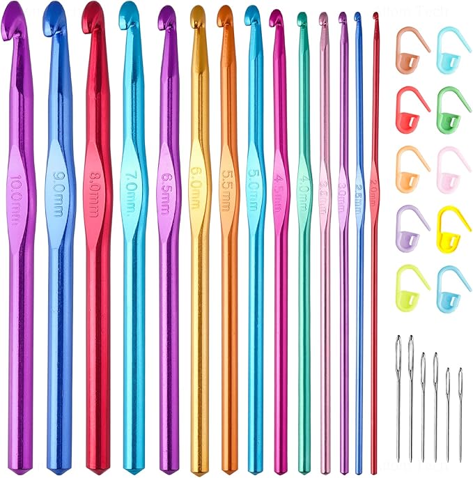 14 Sizes Crochet Hooks Set Multi-Color Metallic Plated, Tomorotec Art Aluminum Knitting Needles for Yarn Craft Set with Stitch Markers and Big Eye Needles