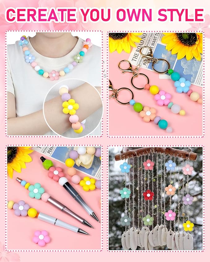 24PCS FIVEIZERO Silicone Focal Beads,Flower and Cute Charms for DIY Keychains, Pens, Bracelets, Necklaces, Lanyards, Beaded Pens, and Crafting Supplies,Ideal for Keychain Making and Creative Designs