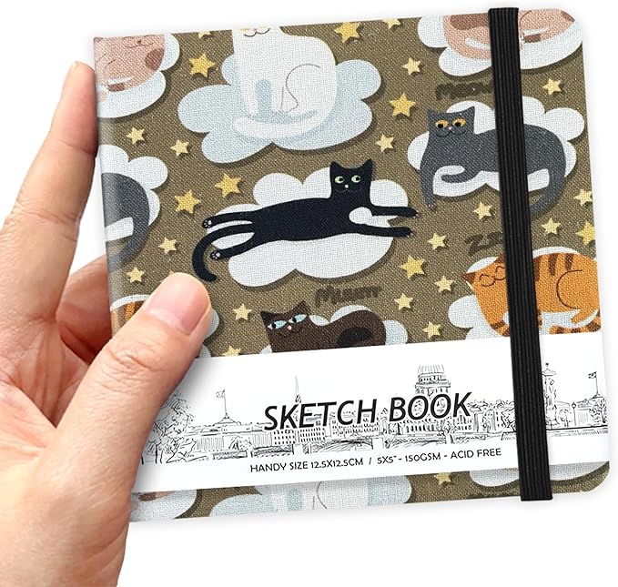 5" x 5" Hardcover Sketch Book,Small Mixed Media Sketch Pad,58 Sheets 150GSM Acid-Free Artist Drawing Paper,Travel Journal Blank Notebook for Adults Painting,Illustration,Art Supplies.Cloud Cat