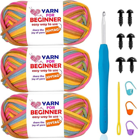 3 Pack Rainbow Beginner Crochet Yarn for Crocheting and Knitting Multicolor Cotton Crochet Yarn for Beginners with Easy-to-See Stitches Cotton-Nylon Blend Easy Yarn for Beginners(Sunrise Red)