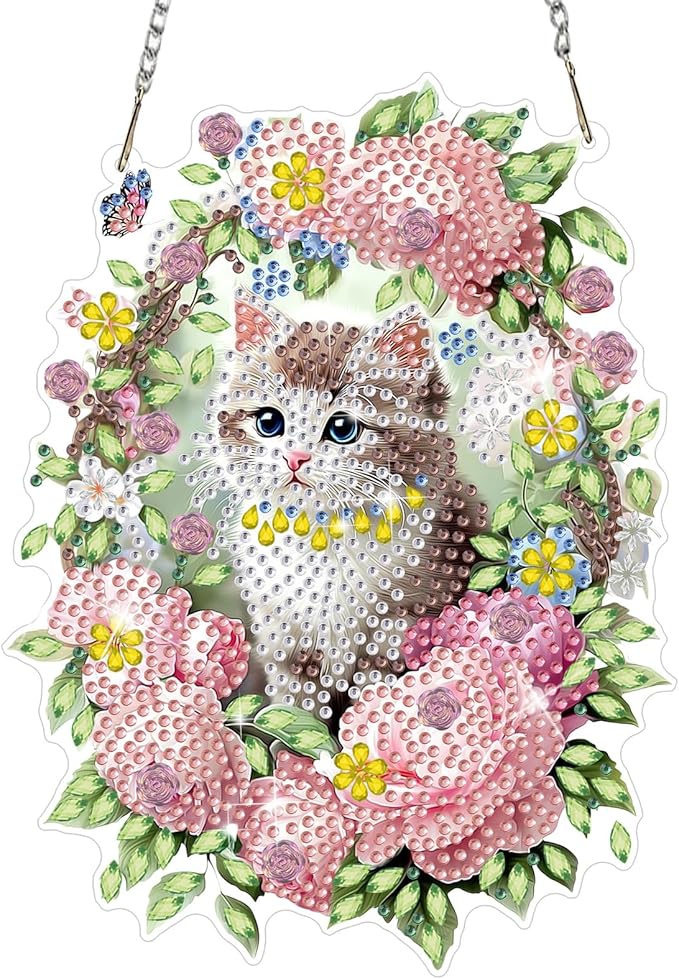 MEIYUDA Cat Diamond Art Hanging Kits for Adult, Flower Wreath Cat Diamond Painting Hanging Kits Ornaments, DIY Special Shaped Rhinestone Window Pendants Kit for Home Garden Wall Decor Gift