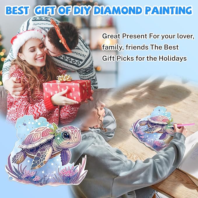 Bowetile Sea Turtle Diamond Art Hanging Kits for Adults, 5D Special Shape Diamond Painting Animals Kits, Animal Gem Art Suncatchers Painting Pendant Ornament for Home Garden Wall Decor