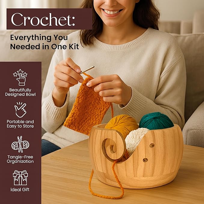 LE MIRIELLE - Wooden Yarn Bowl for Crochet – Crochet Holder + Complete Tools Kit, Gifts for, Large Bowl Organizer for Yarn, Hooks & Accessories