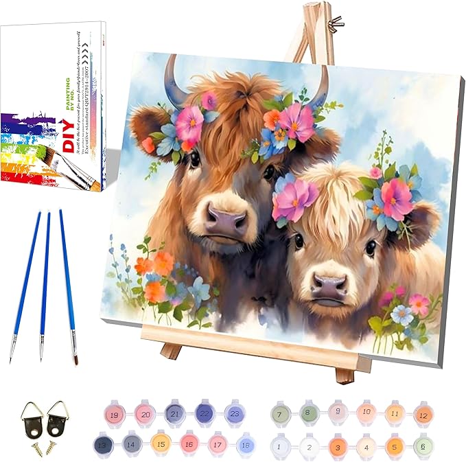 Highland Cow Paint by Numbers for Adults with Framed Canvas-with Wooden Easel,Cow Paint by Number on Canvas,DIY Acrylic Oil Painting Kits with Brushes Nice Gift Box for Home Wall Decor(16x20inch)