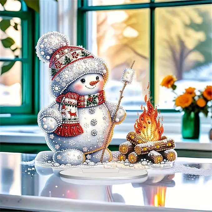 Christmas DIY Diamond Desktop Ornament, Double Sided Special Shaped Diamonds Art Kits, 5D Tabletop Ornaments for Adult Beginner Home Office Decor Crafts Gift (Snowman 01)