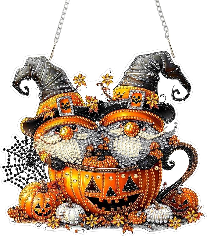 SENQAO Halloween Diamond Art Hanging Kits for Adults Beginners, DIY Acrylic 5D Special Shaped Crystal Diamond Gem Art Painting Hanging Ornament for Home Wall Decor and Gift（Gnome Pumpkin Cup）