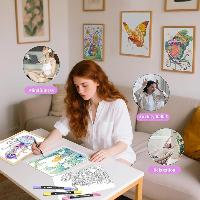 Adult Coloring Book with 24 Dual Tip Colors Markers, 12 Pcs Premium Coloring Pages & 2 Pcs Wooden Photo Frames & 24 Colors Markers, Mindfulness Art-Painting-Kits Gifts for Women - Flowers