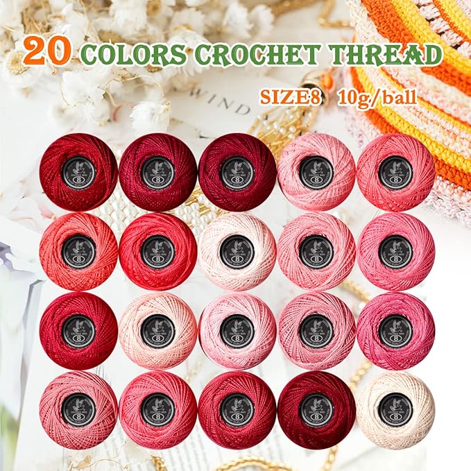 Soft 20 Colors Classic Crochet Thread 20 Pack,100% Cotton (Rose-816-819)