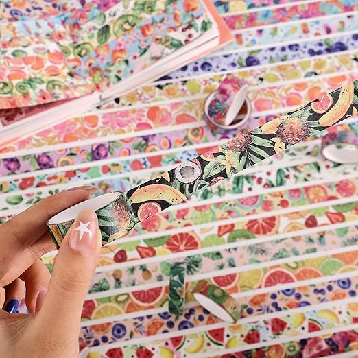 48 Rolls Summer Tropical Fruits Washi Tape Set, Vibrant Watercolor Fruit Coconut Decorative Tape, Bright Colorful Holiday Tape for Scrapbooking, Bullet Journaling, Junk Journal Supplies, DIY Art
