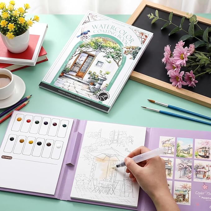 Dunzoom 32 Sheets Watercolor Coloring Book 2 Pack Water Color Workbook Paper Paint Set with 12 Colors Paint Cakes and Brushes for Adults Beginners Art Painting Supplies(Quiet Time&House)