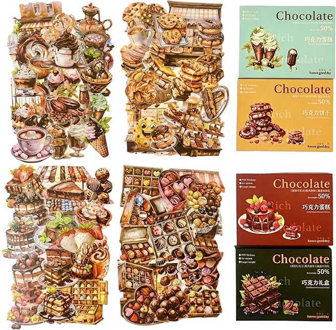 TIAMECH Rich Chocolate PET Stickers - 200 Pcs Sweet Biscuit Cake Ice Cream & Gift Box Design, Waterproof Sticker for Journaling & Scrapbooking, Junk Journal Supplies, Ephemera & DIY Crafts