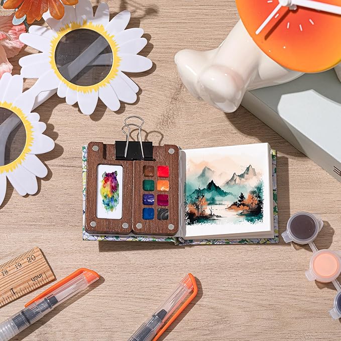 Qilery Mini Portable Watercolor Palette Set Wooden Grid Paint Box Watercolor Paper Sketch Book Brush Pens with Binder Clip for Painters Artist Not Include Paint(Small Flowers)