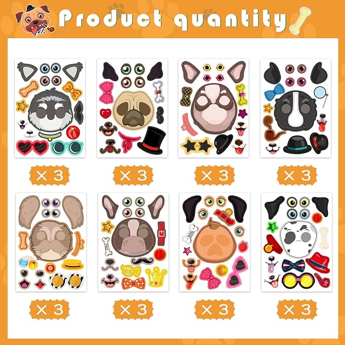 24 sheets dogs make a face stickers make you own dogs stickers animal sticker for kids, birthday gift party favors supplies teacher art craft, games school activity reward