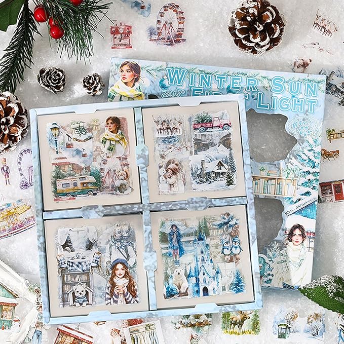 500PCS Scrapbook Supplies Stickers Kit, Snow House Landscape People Transparent Waterproof Stickers for Junk Journals, Aesthetic Scrapbooking Supplies for Decoration Art Crafts, Planners, Laptop