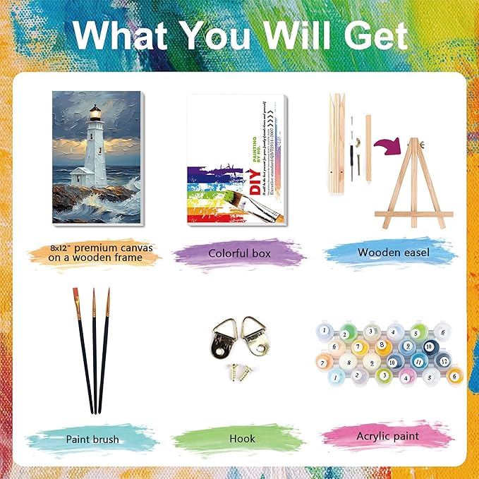Lighthouse Paint by Numbers for Adults with Framed Canvas - with Wooden Easel, Landscape Paint by Number for Beginners, DIY Acrylic Oil Painting on Canvas with Brushes for Home Wall Decor (8x12 inch)